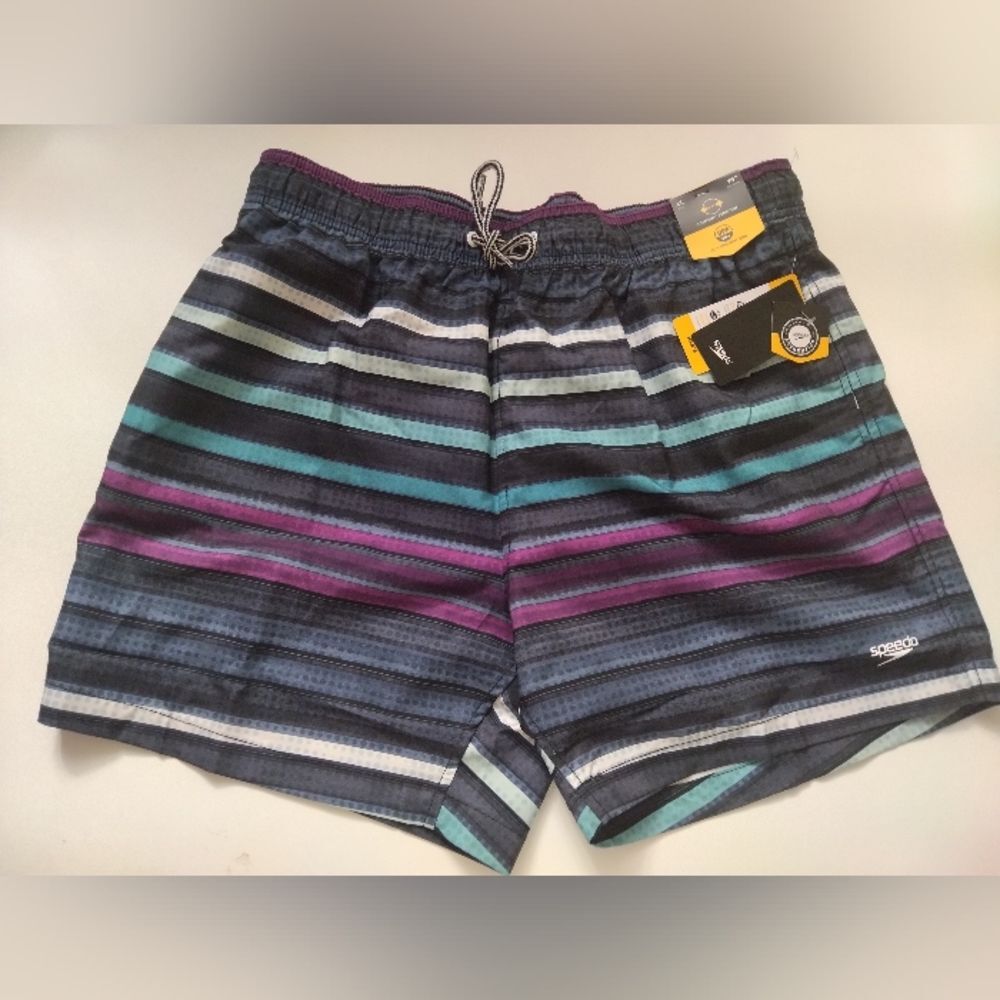 Speedo Men's Striped Swim Shorts - Black, Purple & Teal New XL
